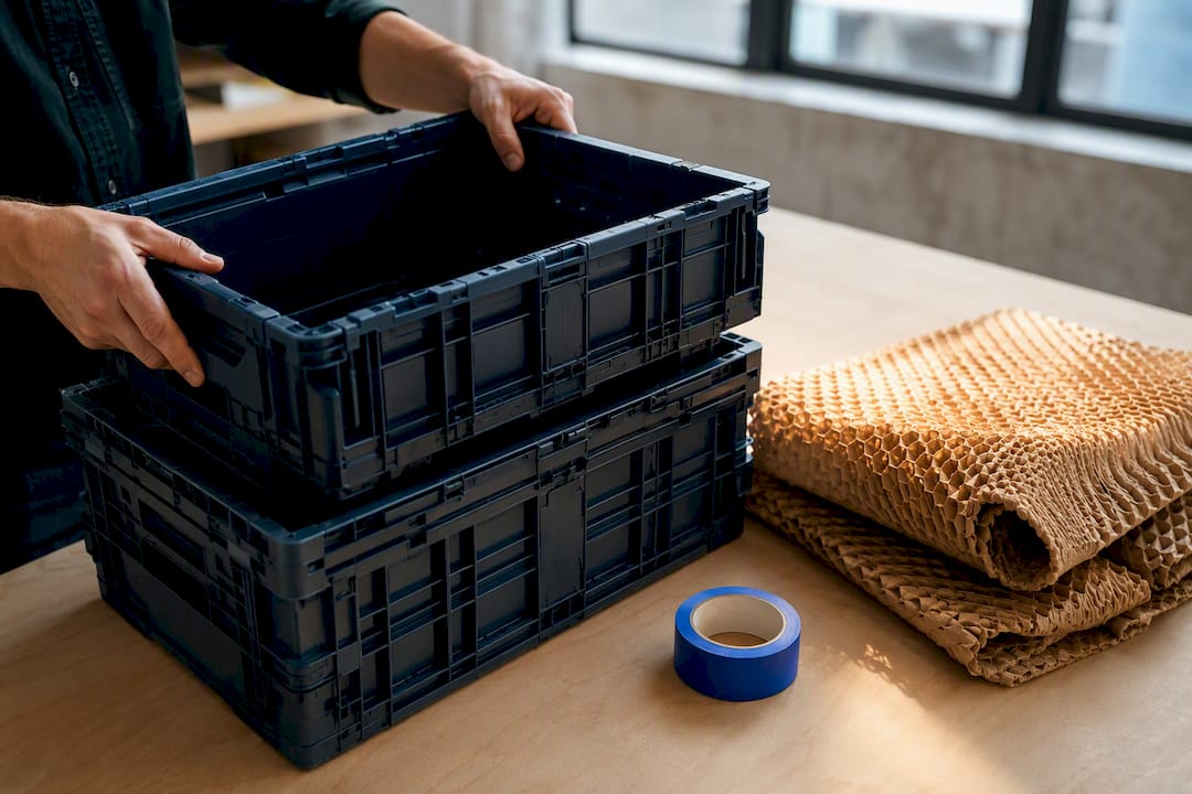 Reusable crates and paper moving cushioning