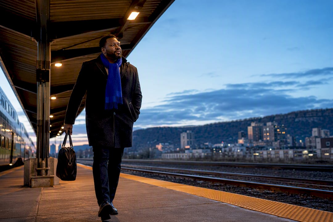 Commuter walking at Hamilton GO station