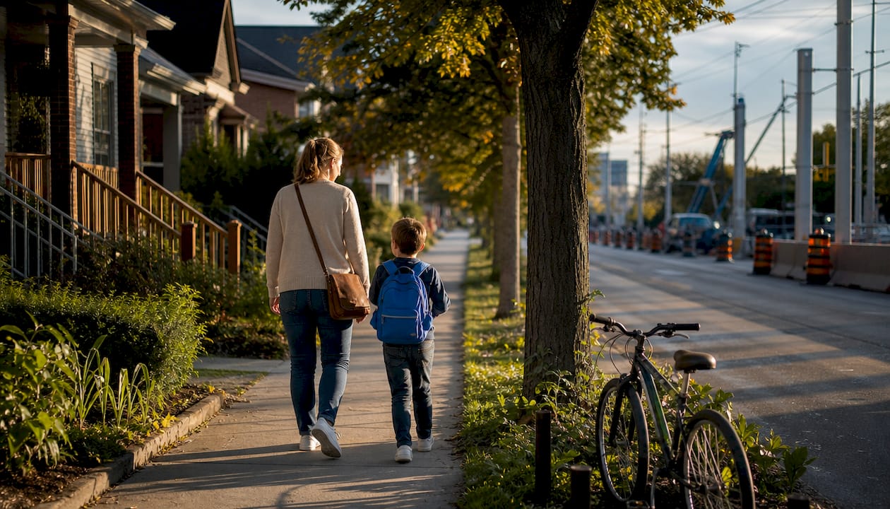 Family walking along Hamilton neighborhood street