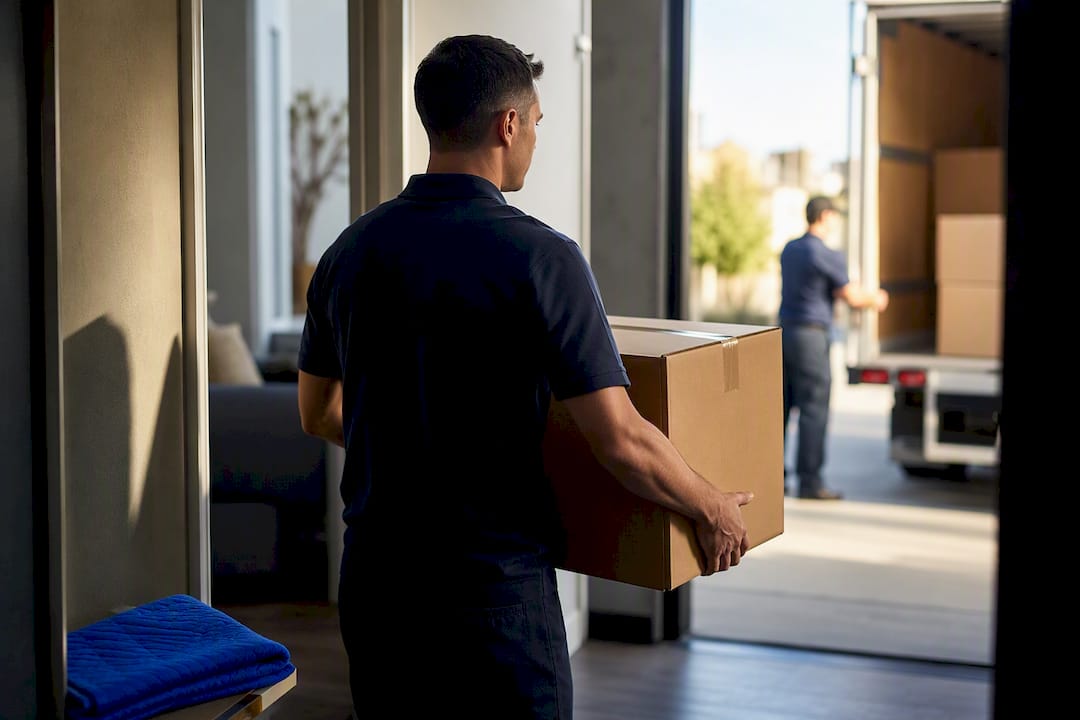 Mover carrying box from apartment