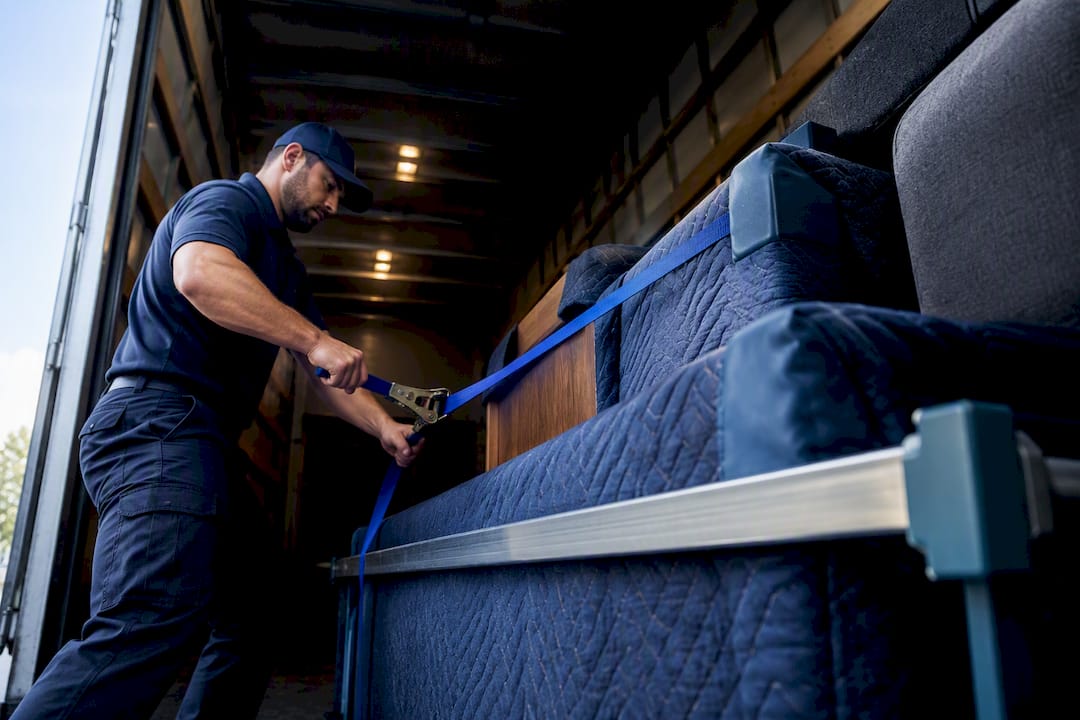 Tiered furniture load secured inside box truck