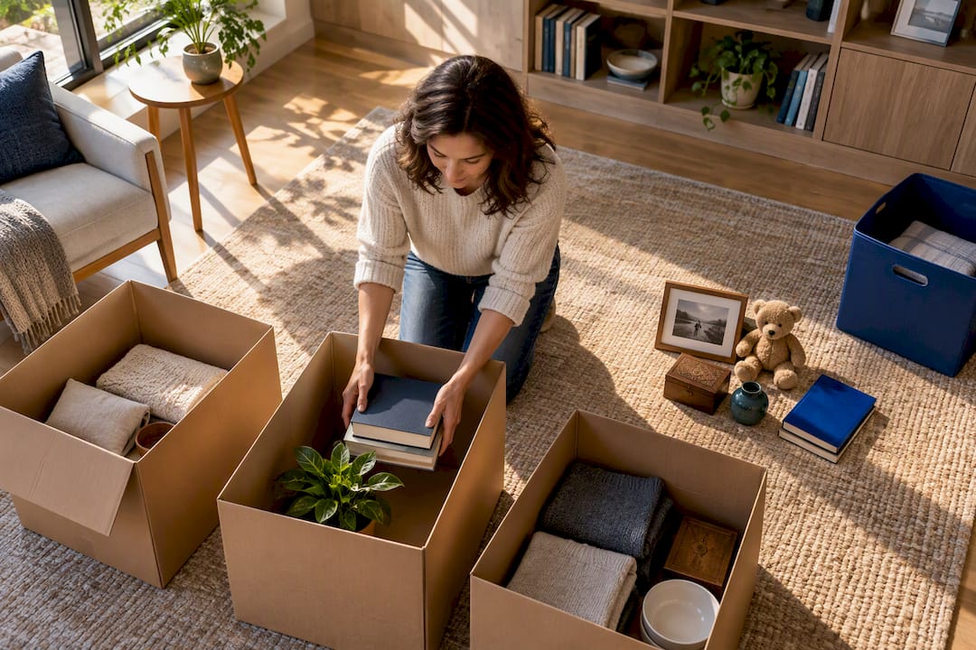 Homeowner sorting belongings during downsizing