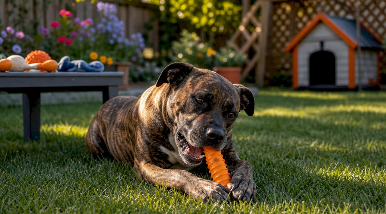 Brindle dog chewing durable toy in living room