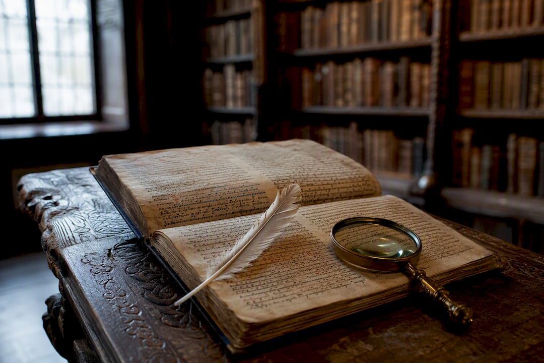 Ancient manuscript with quill and magnifying glass