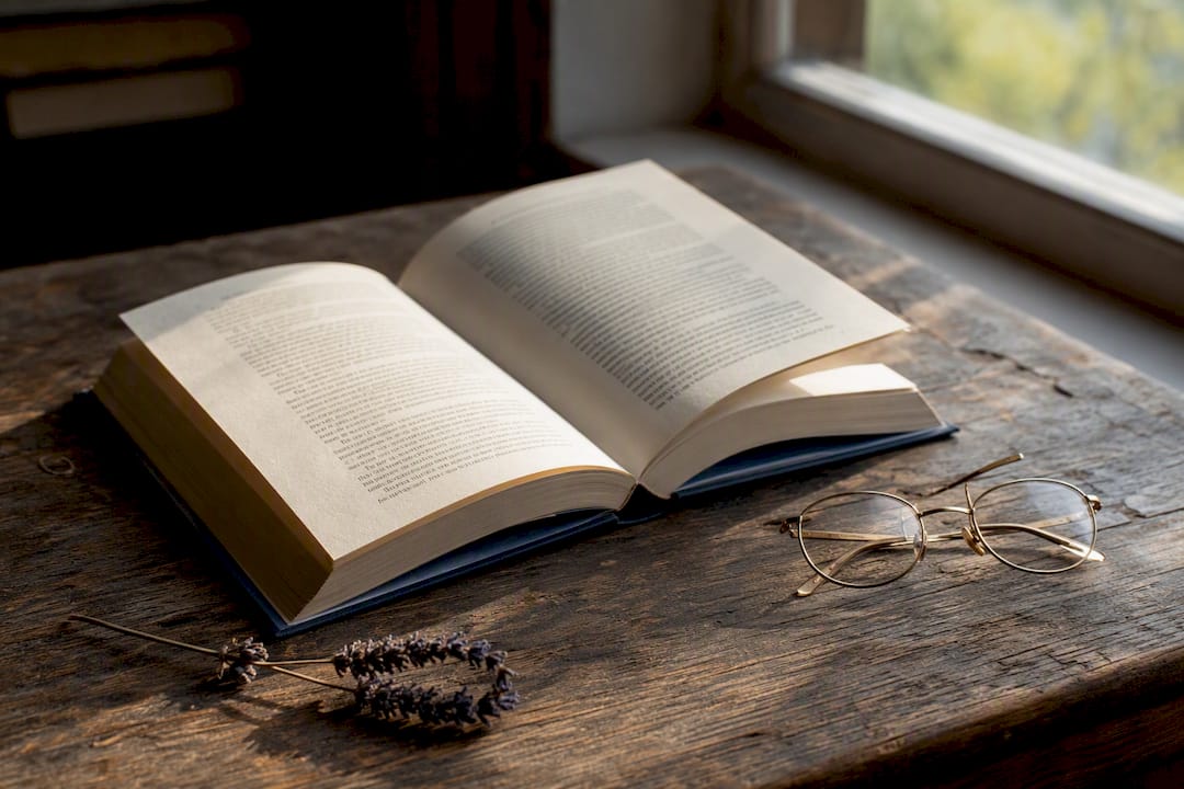 Open novel and glasses on rustic table