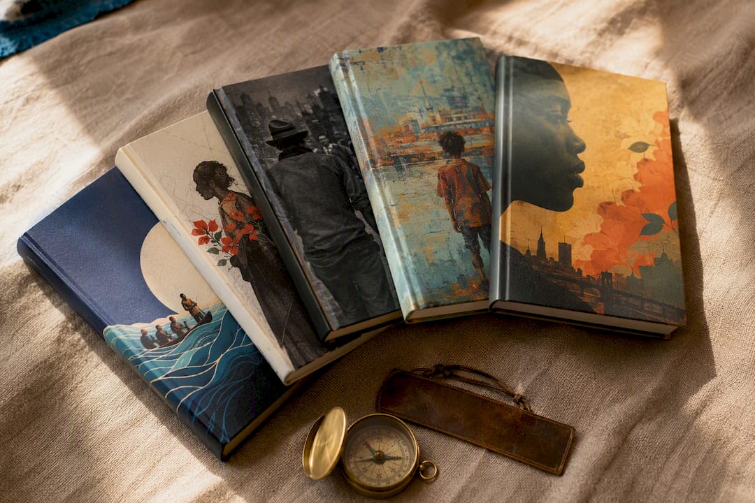 Books on race and immigrant stories arranged flat