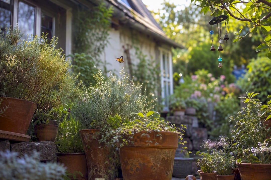 Magical garden plants outside cottage window