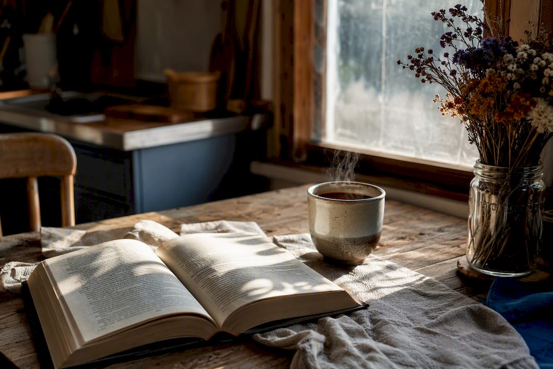 Open romantasy book with steaming teacup on wood table