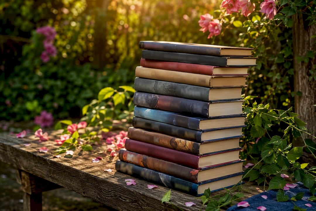 Stack of diverse fantasy novels with decorative petals