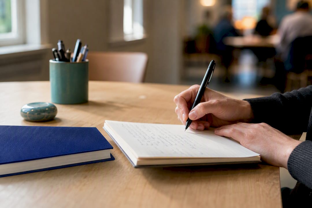 Writer updating a personal practice notebook