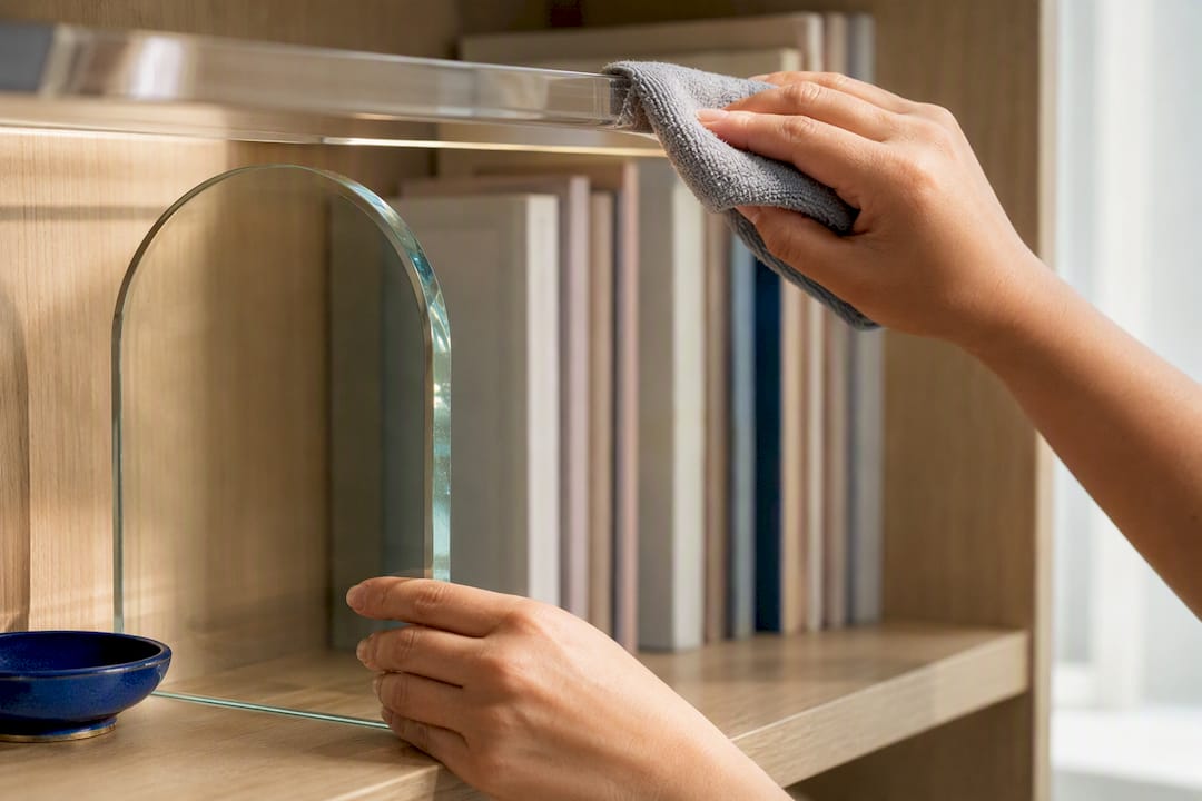 Hands cleaning glass and acrylic shelf decor