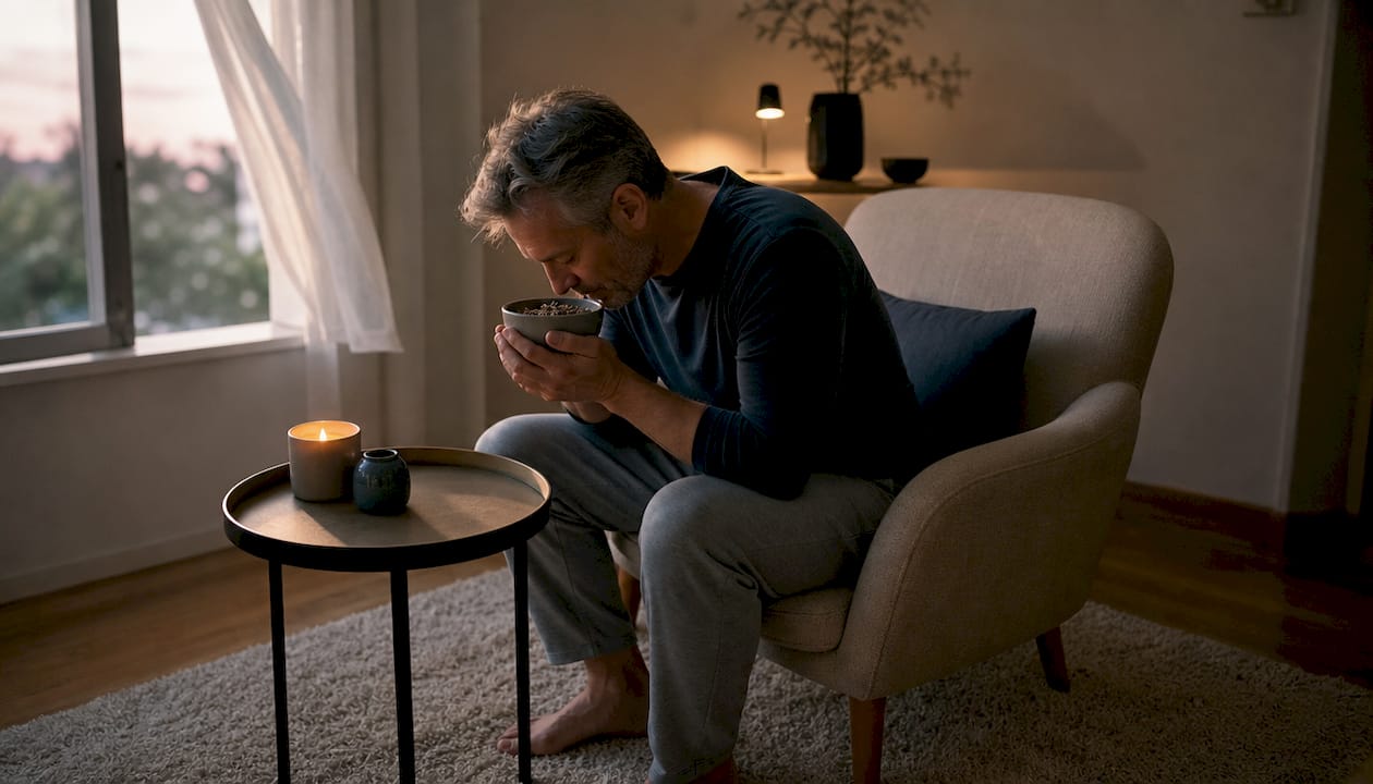 Man inhaling calming scents at home office