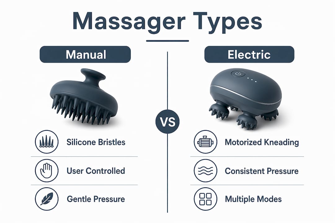 Infographic comparing manual and electric scalp massagers