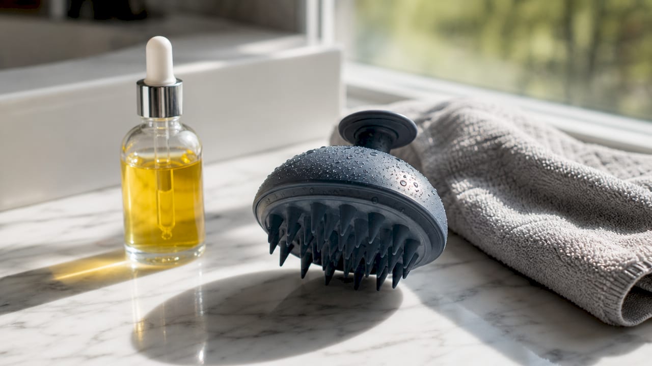 Close-up of manual scalp massager on bathroom counter