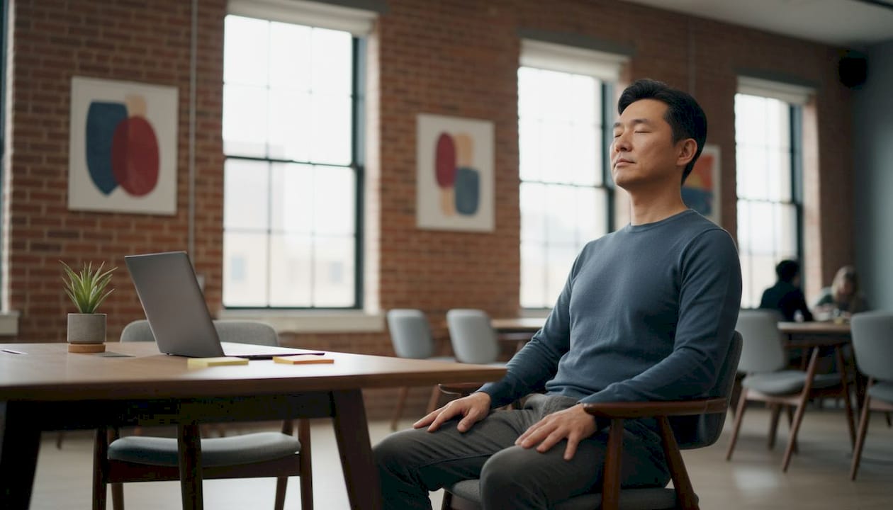 Man taking breathing pause at office desk