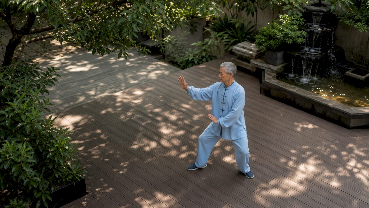 Senior man practicing tai chi indoors