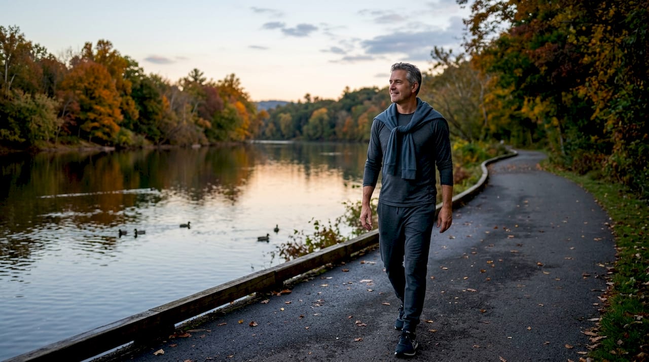 Man walking in city park at sunset