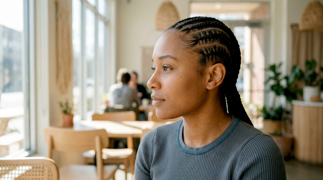 Close-up of braided hairstyle showing scalp tension