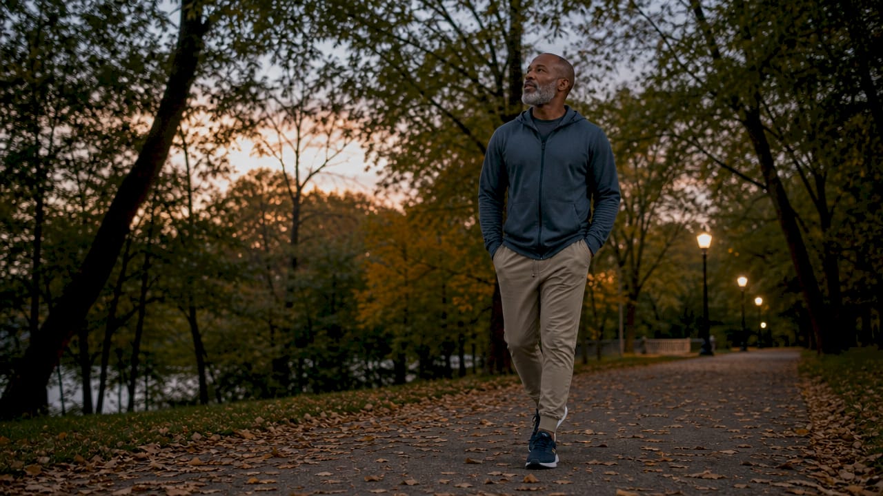 Man taking gentle walk outside at dusk