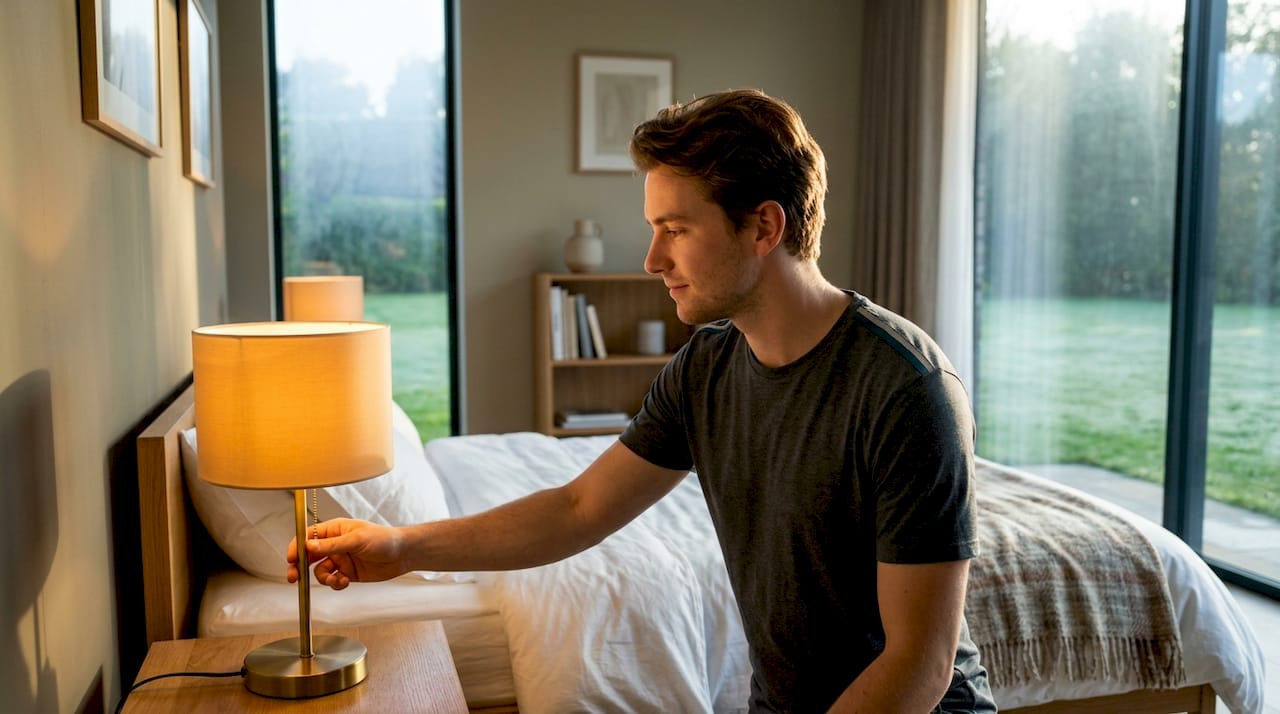 Man switching to warm evening lighting in bedroom