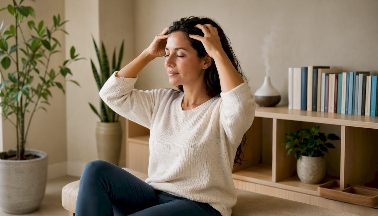 Hands massaging scalp closely from above