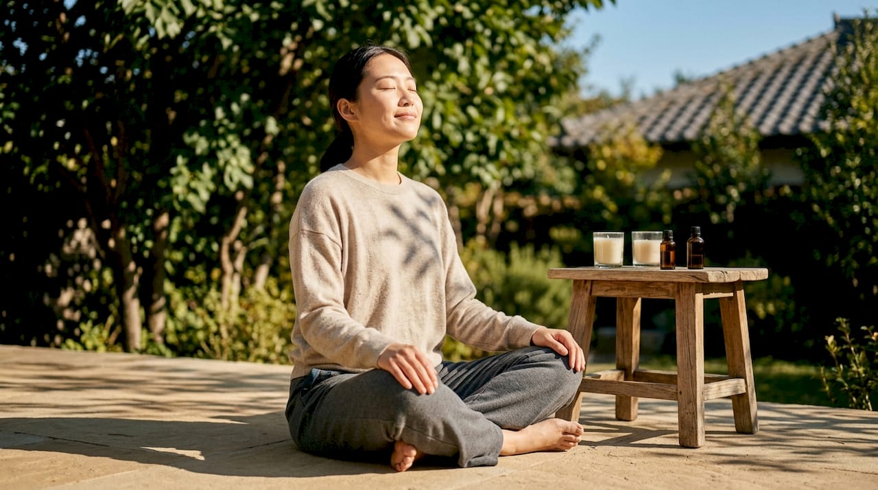 Relaxed woman meditating after massage