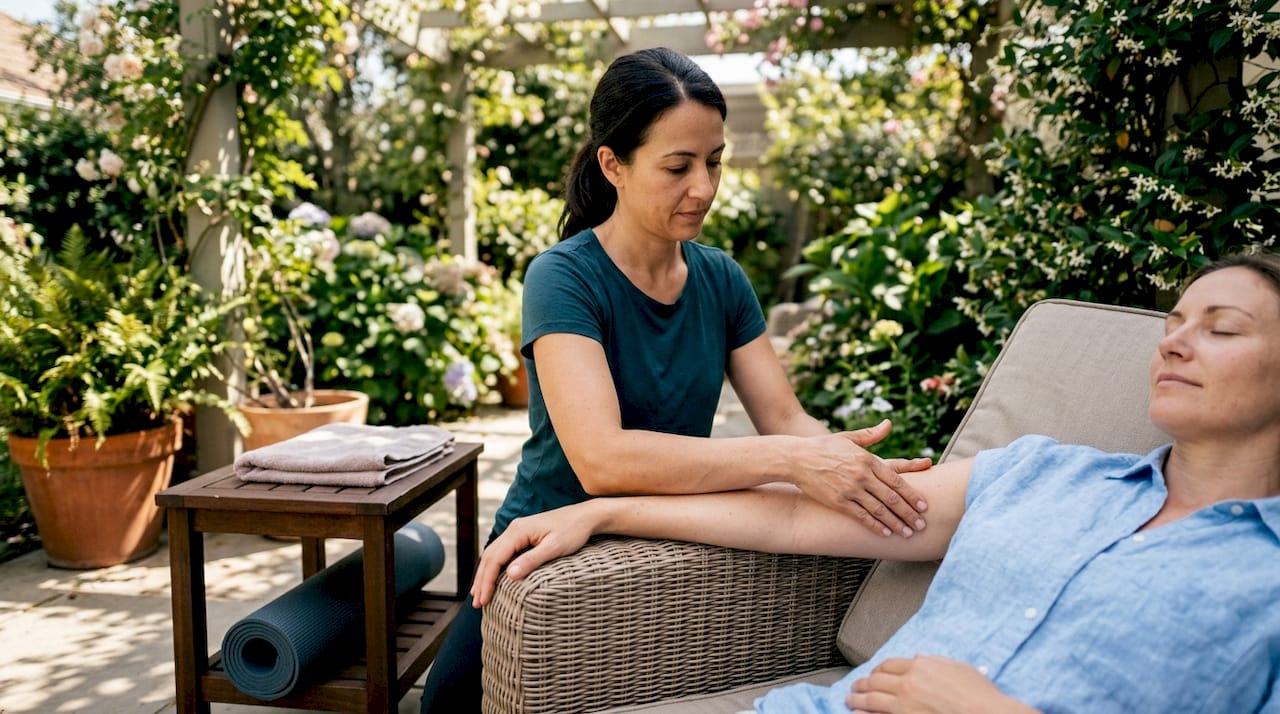 Hands performing gentle arm massage