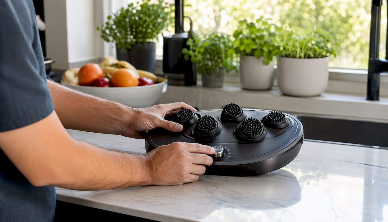 Hands adjusting settings on massage device