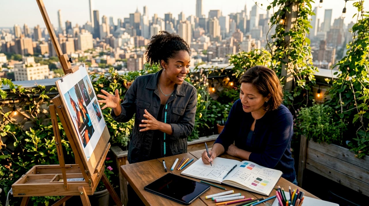 Designers collaborating on visual hierarchy for ad