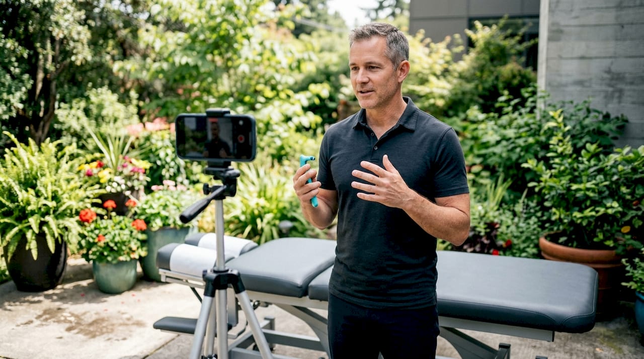 Chiropractor filming educational video on smartphone