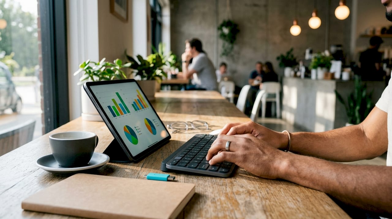 Hands typing at home office workstation