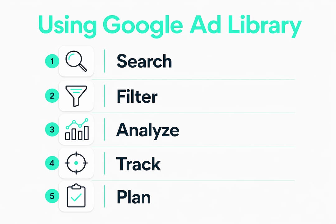 Infographic illustrating ad library workflow steps