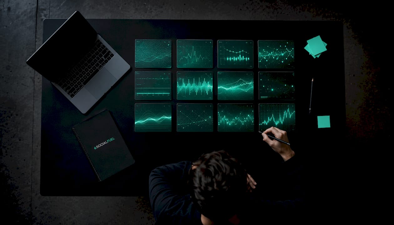 Abstract glowing ad performance signal tiles