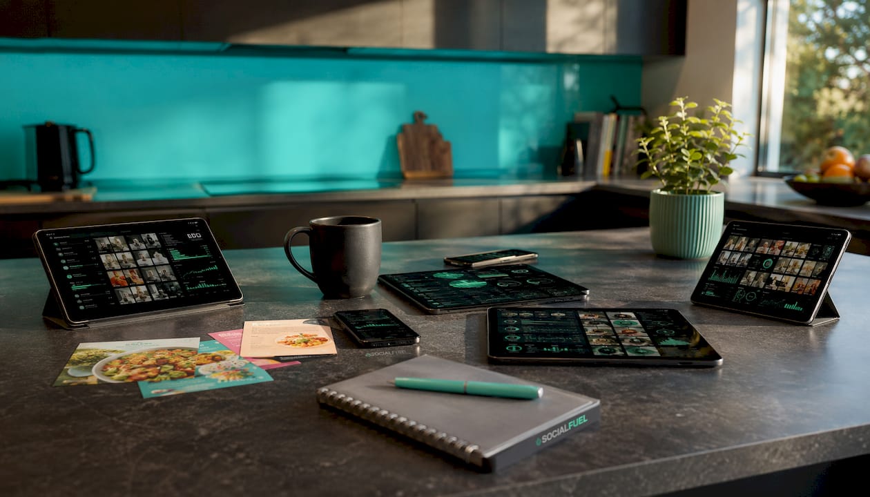Array of devices displaying ad creative grids