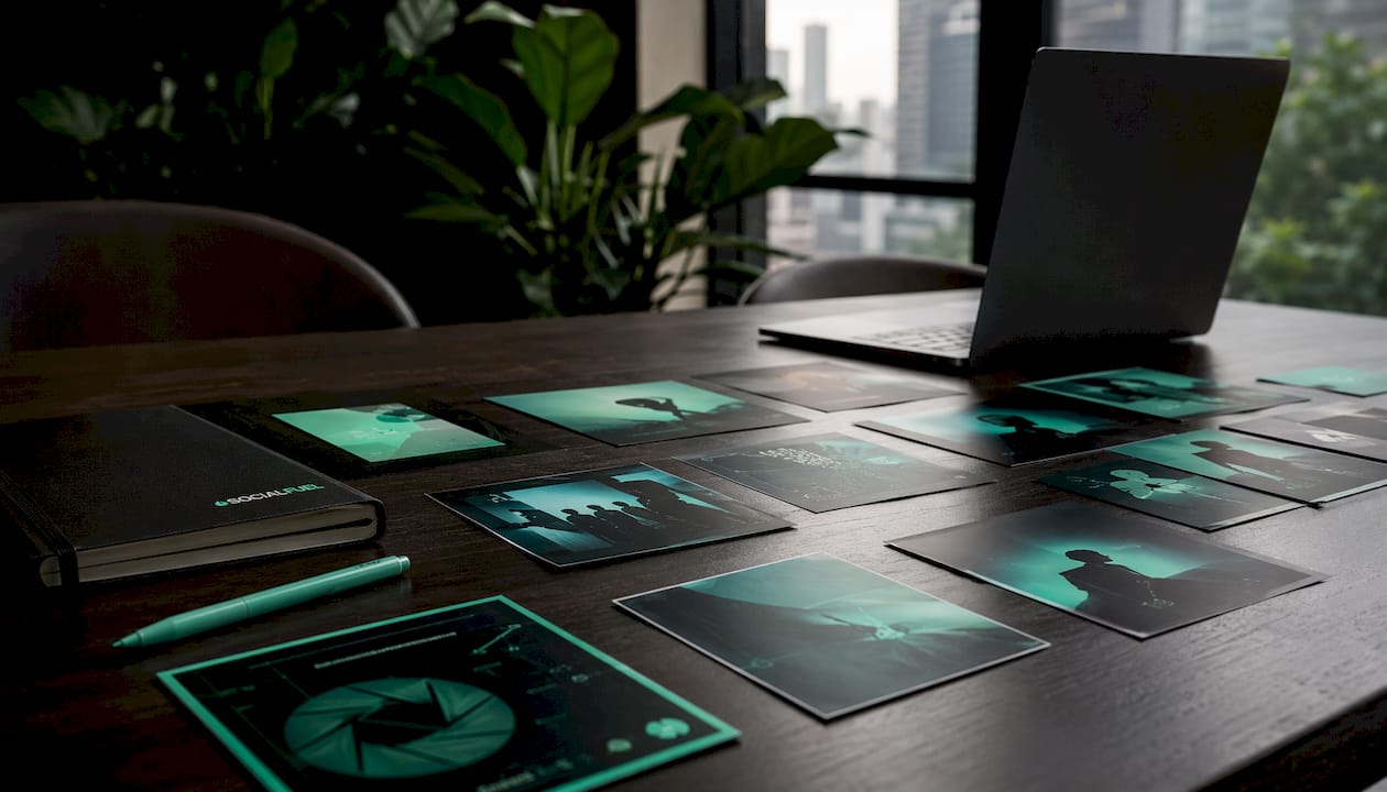 Close-up of abstract ad creative cards on dark desk