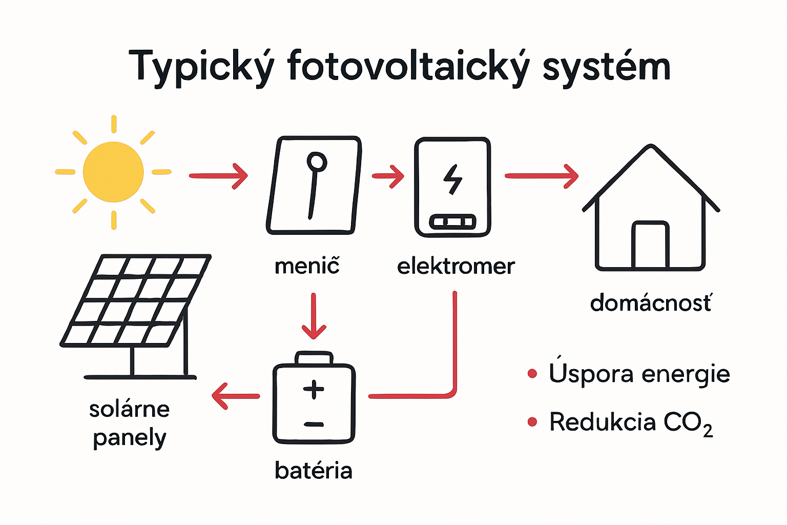 Schematický diagram fungovania fotovoltického systému a pohybu energie