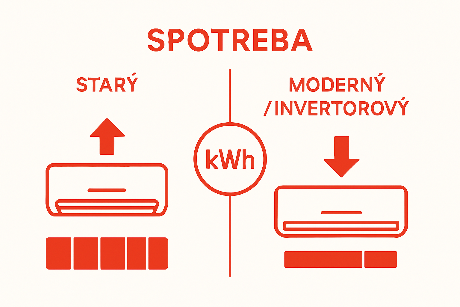Porovnanie spotreby energie starej a modernej klimatizácie ikonami
