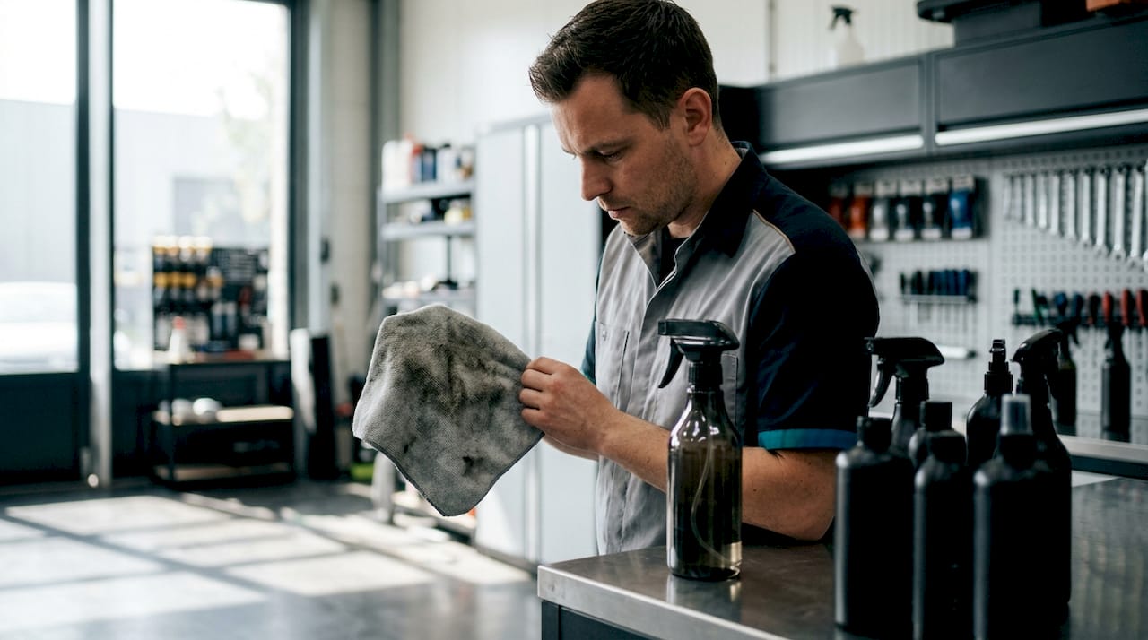 Een detailer bekijkt van dichtbij hoe de spray op de doek wordt aangebracht.