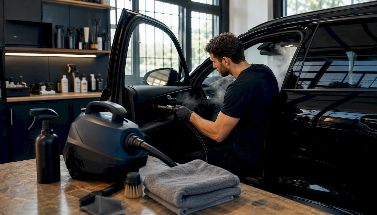 Werkbank uitgerust met professionele schoonmaakmiddelen voor het reinigen van auto-interieurs