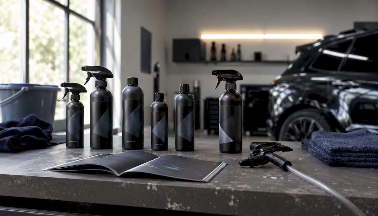 Op tafel staan verschillende flessen met graphene spray bij elkaar.
