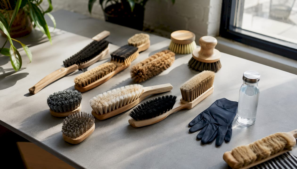 Milieuvriendelijke autopoetsborstels van natuurlijke materialen op de werkbank