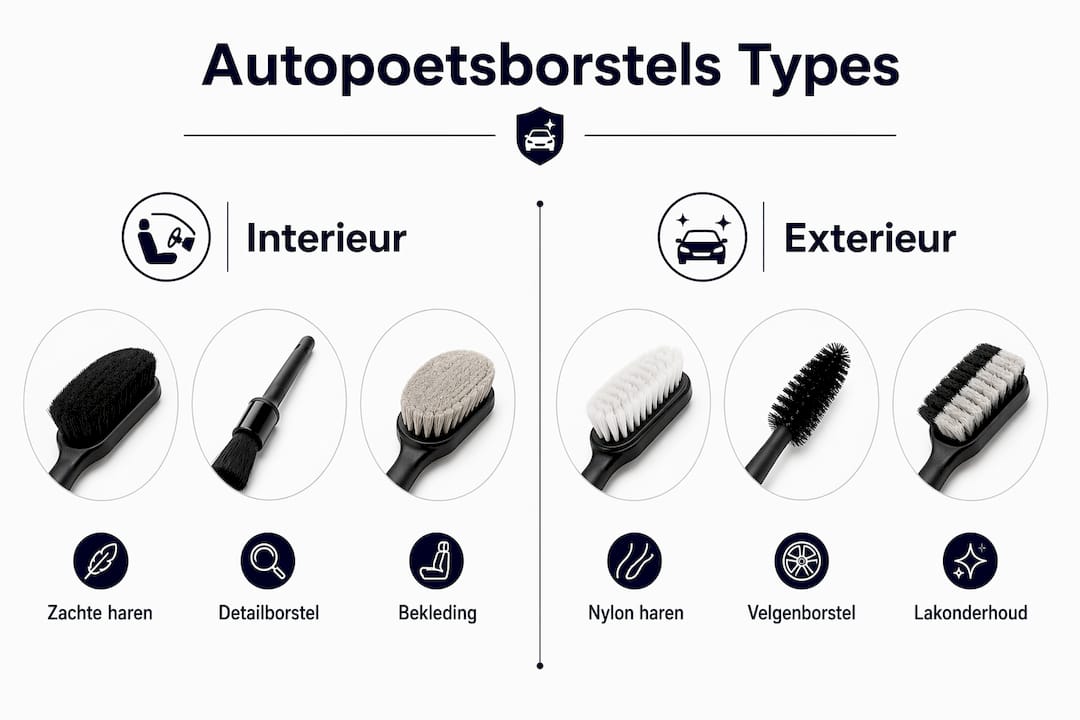 Overzichtelijke infographic met verschillende soorten autopoetsborstels en hun specifieke gebruik