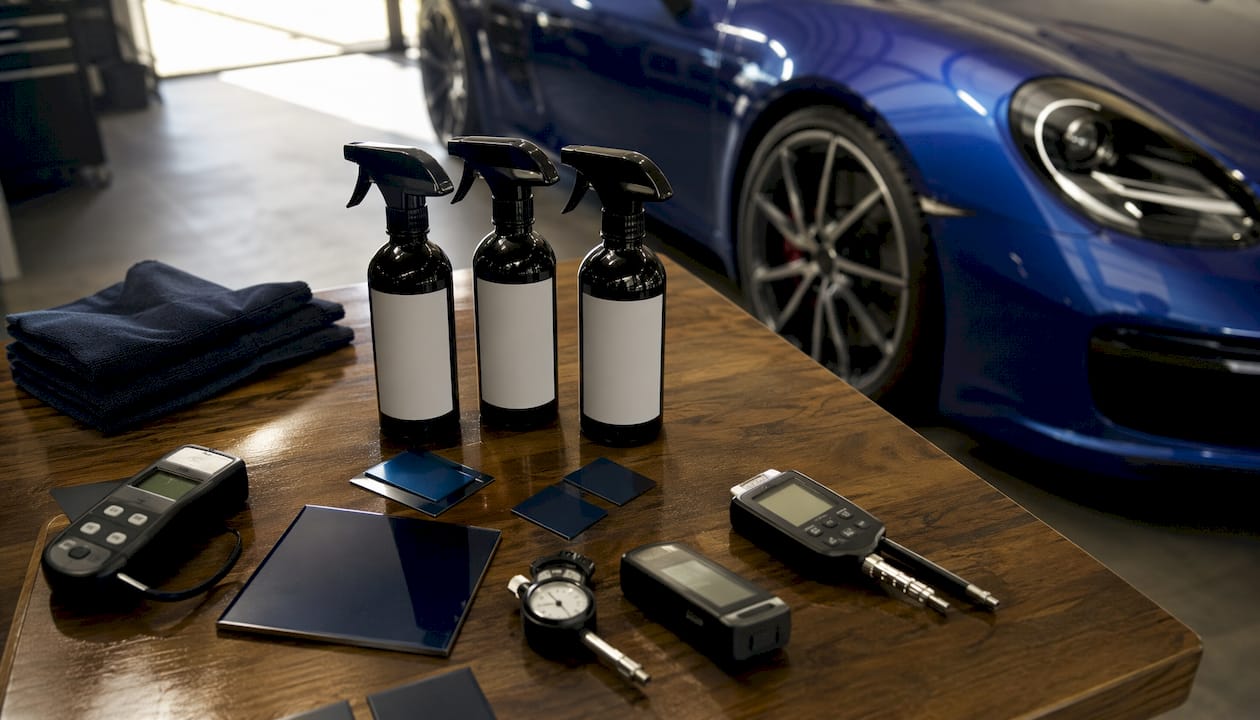 Drie flesjes keramische spray staan op de werkbank, pal naast een felrode sportwagen.