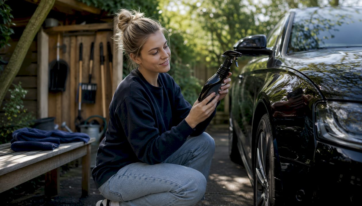 Een vrouw inspecteert een fles keramische spraywax in haar garage.