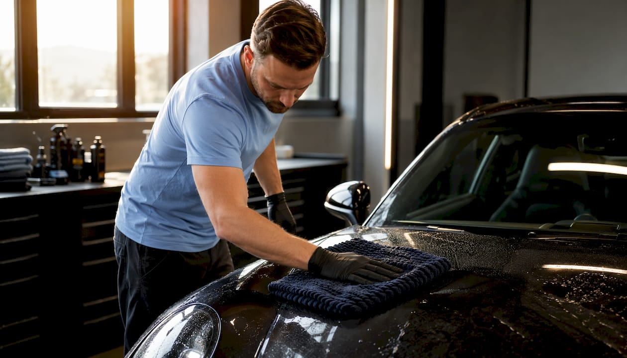 Met een twisted-loop droogdoek neemt de detailer zorgvuldig het water van de auto op.