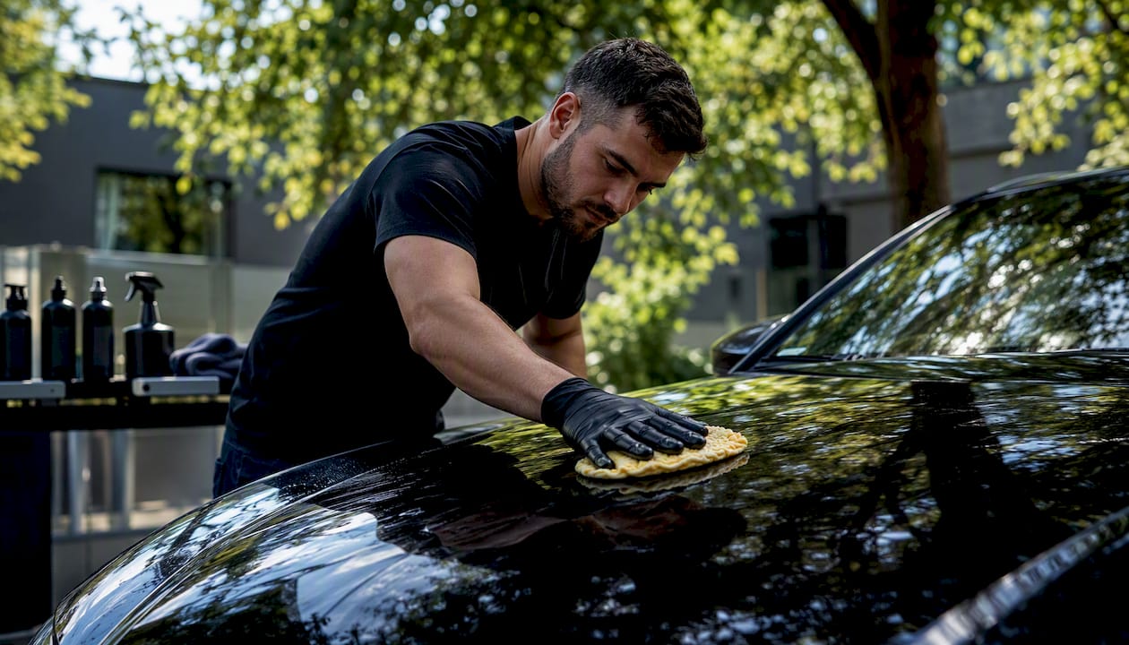 Een autopoetser behandelt de motorkap met een clay mitt voor een diepe reiniging.