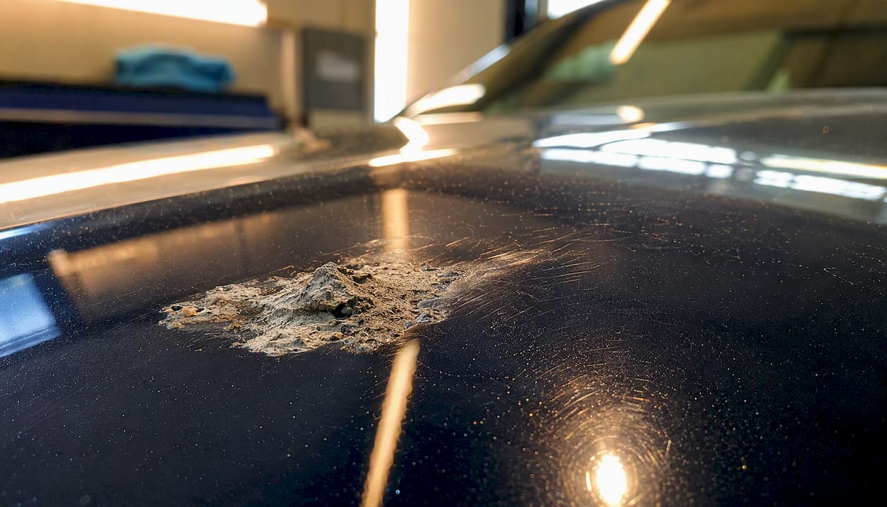 Hardnekkige, ingedroogde vogelpoep die de autolak aantast: een detailprobleem waar elke autoliefhebber wel eens mee te maken krijgt.