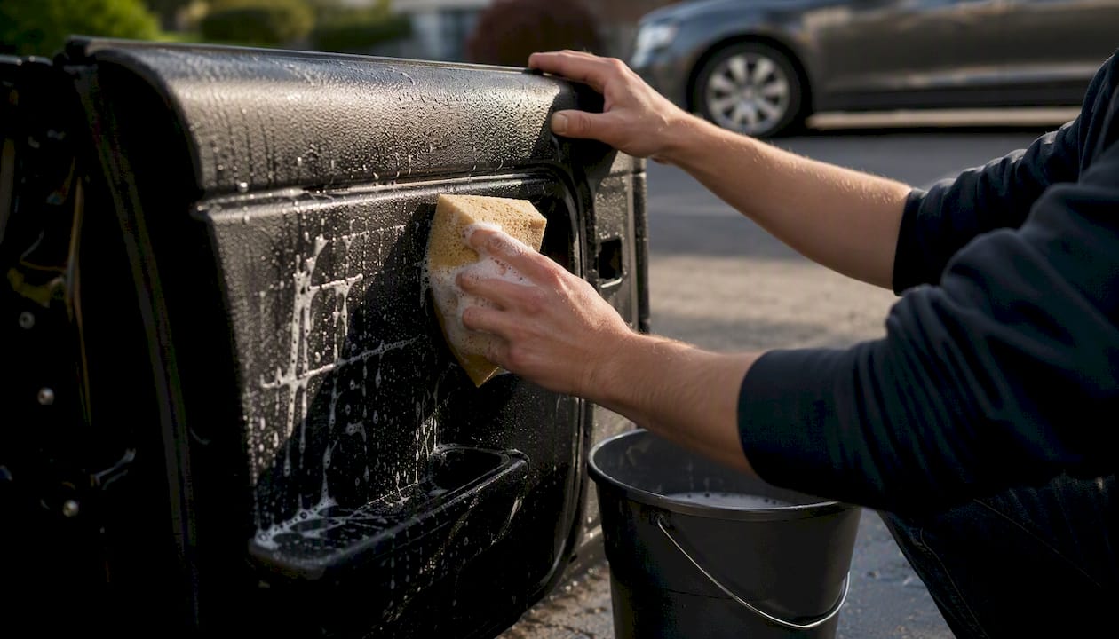 Met een spons worden de kunststof onderdelen van de auto grondig schoongeboend.