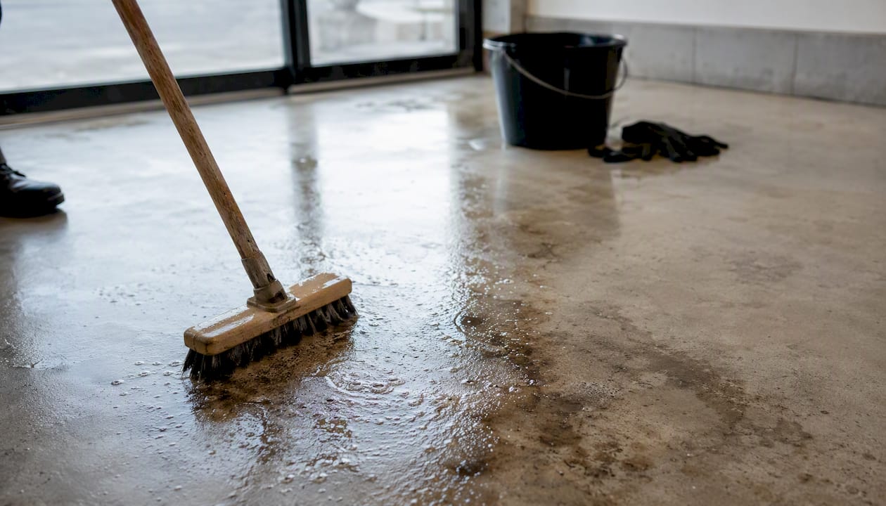 De garagevloer grondig schoonmaken met een stevige borstel.
