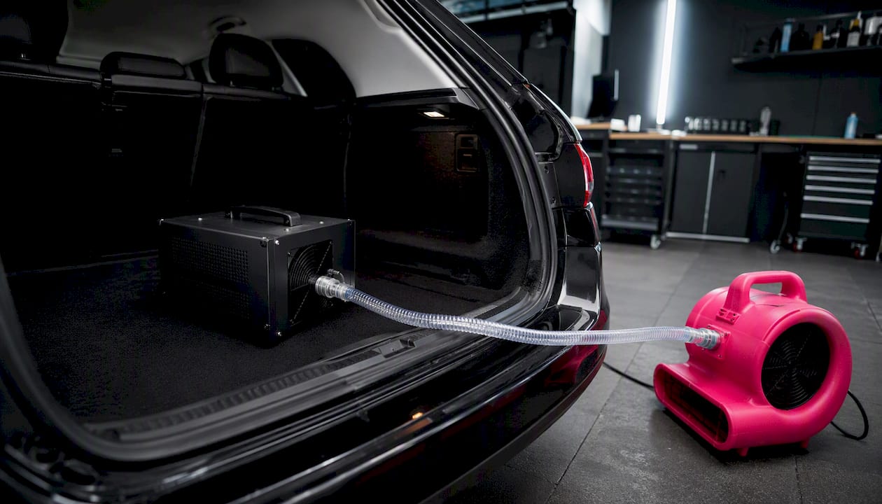 De ozonbehandeling voor de airco wordt in de auto klaargezet.
